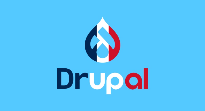 Drupal logo fond bleu blanc rouge