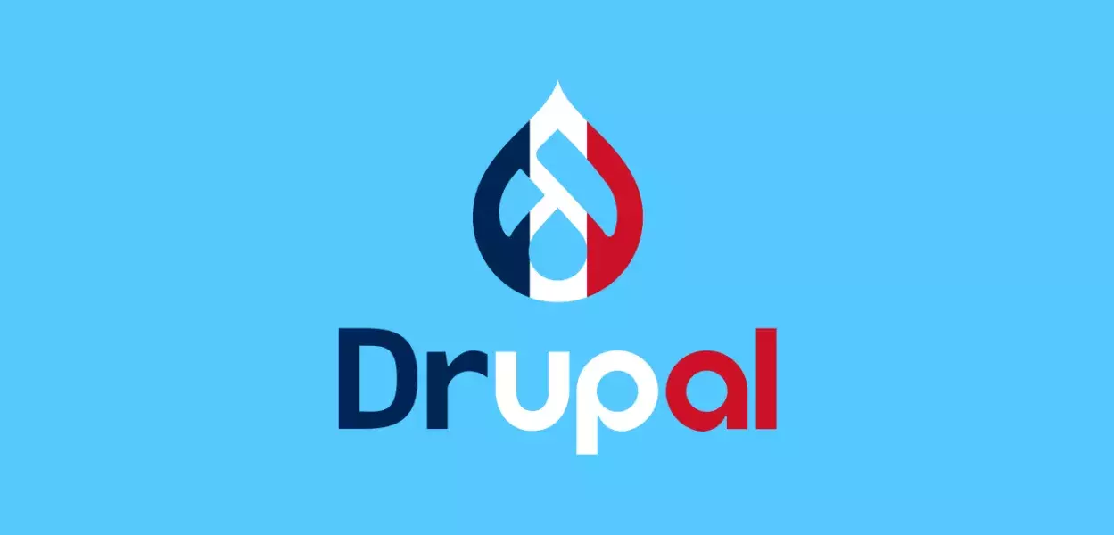 Drupal logo fond bleu blanc rouge